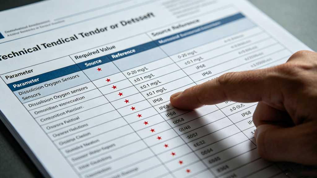 Mandatory tender compliance table for dissolved oxygen sensor engineering specifications with asterisk clauses