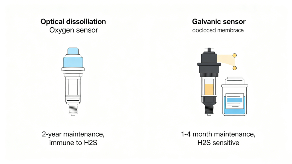 Optical vs galvanic dissolved oxygen sensor engineering specifications comparison maintenance interval and H2S tolerance