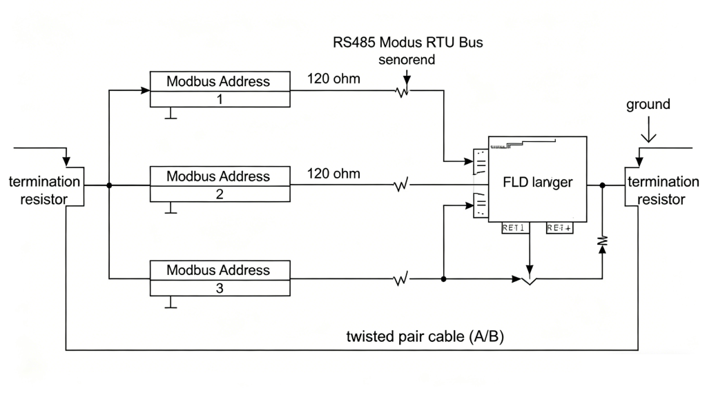 Modbus RTU RS485 wiring diagram multiple dissolved oxygen sensors daisy chain