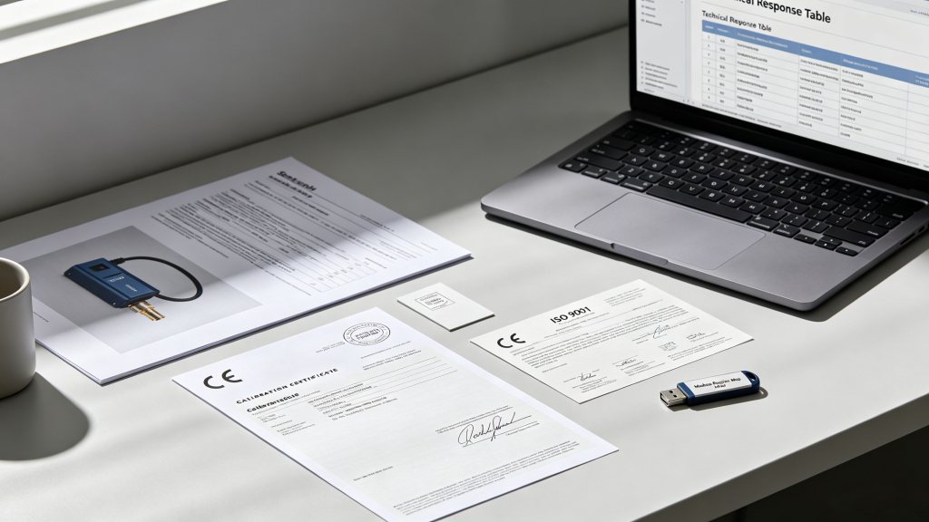 Tender compliance documentation kit for dissolved oxygen sensor engineering specifications including datasheet calibration certificate CE RoHS ISO 9001
