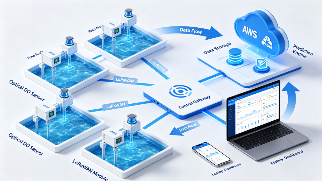 IoT based DO monitoring LoRaWAN sensor network architecture aquaculture pond sensors gateway cloud platform dashboard