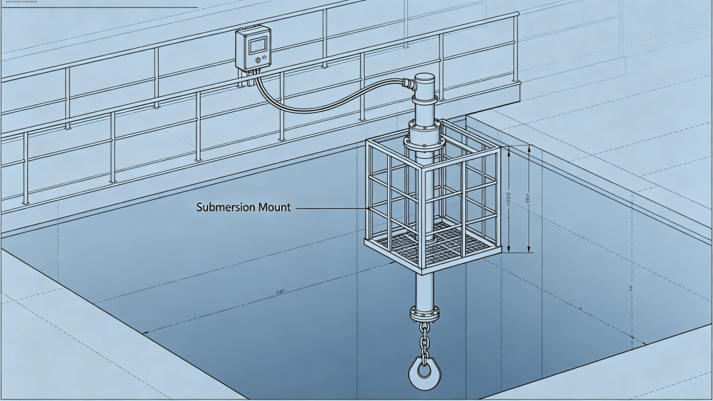 Submersion mounting installation for dissolved oxygen sensor engineering specifications with protective guard cage in open tank