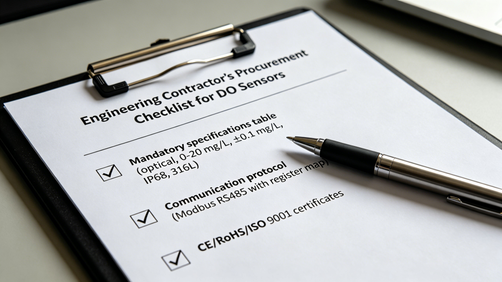 Procurement checklist for dissolved oxygen sensor engineering specifications contractor with optical sensor IP68 Modbus RTU requirements