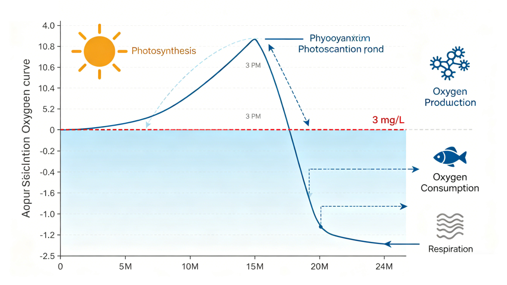Diurnal dissolved oxygen monitoring graph showing photosynthesis and respiration in aquaculture