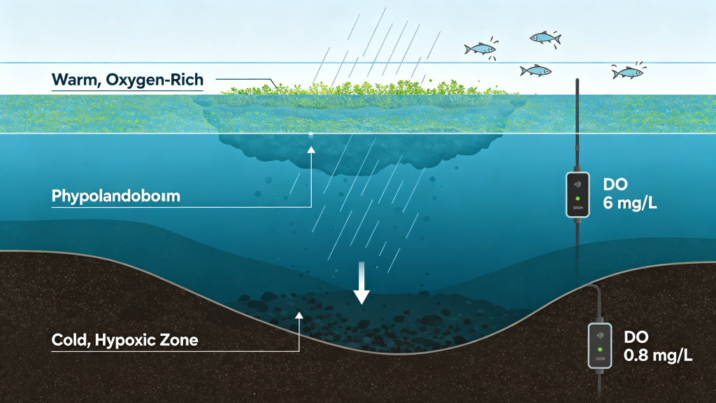 Thermal stratification detected by dissolved oxygen monitoring causing hypoxia in aquaculture pond