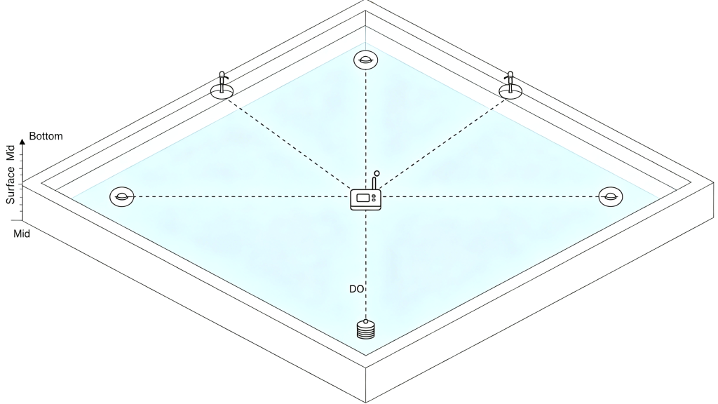 Multi-zone dissolved oxygen monitoring system layout in an aquaculture pond