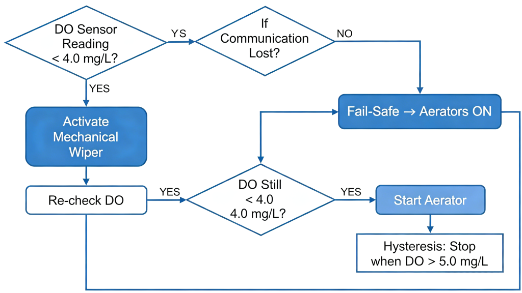 Automated aeration control flowchart using real-time dissolved oxygen monitoring in aquaculture