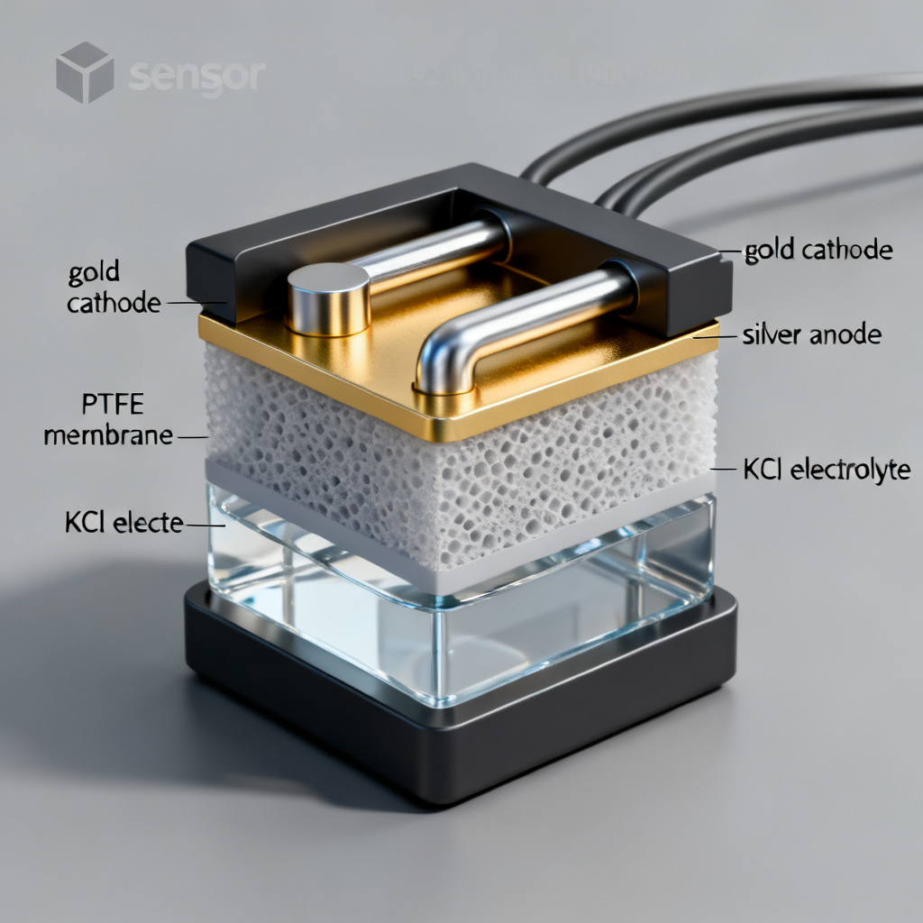 Amperometric dissolved oxygen sensor cross-section showing cathode anode and membrane