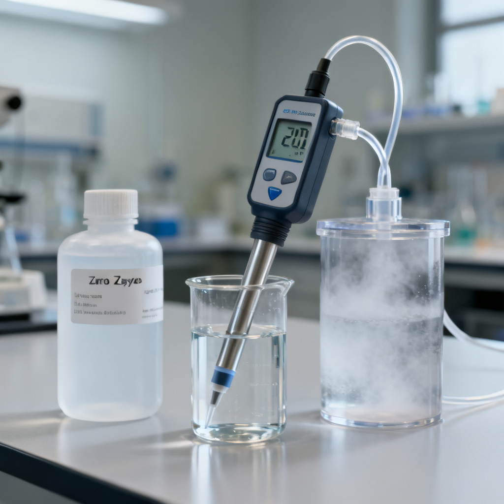 Polarographic dissolved oxygen sensor working principle calibration setup with standard solutions