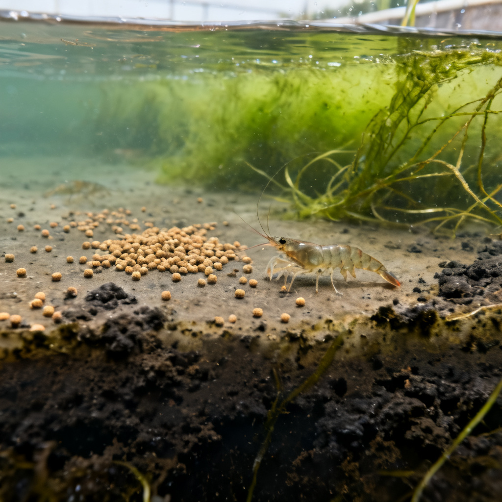 Causes of DO depletion in shrimp pond including feed waste and algae