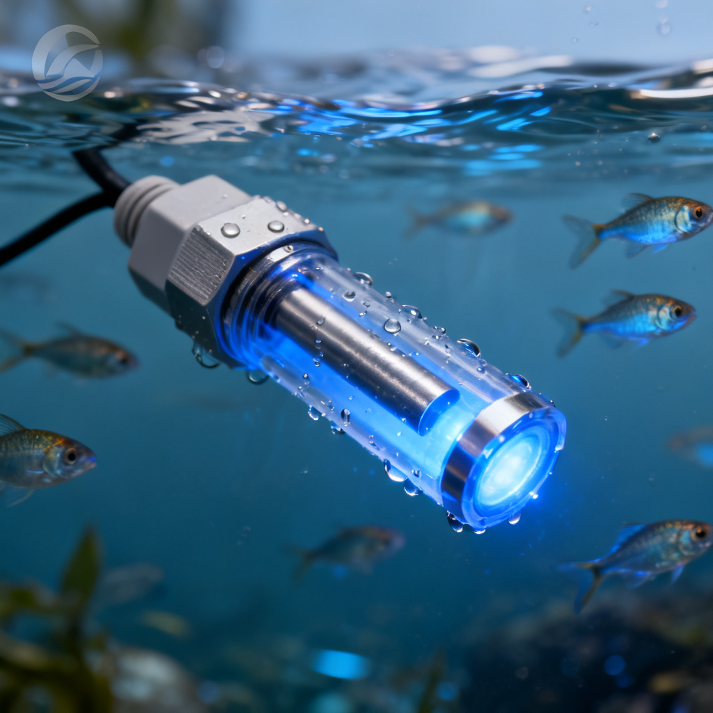 Dissolved oxygen sensor installed in a fish pond for real-time monitoring