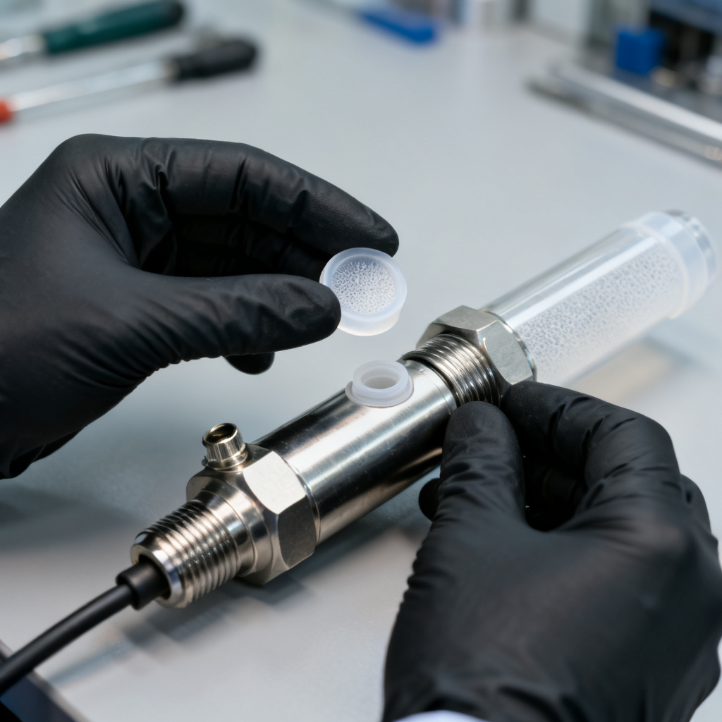 Electrochemical DO sensor membrane replacement procedure showing PTFE membrane cap