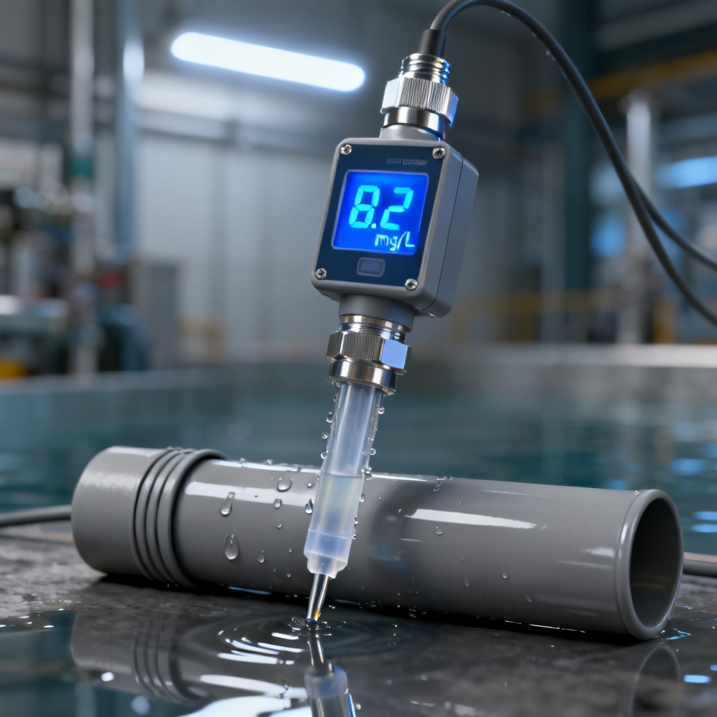 Electrochemical DO sensor calibration setup showing dissolved oxygen probe with calibration equipment and two-point calibration protocol preparation