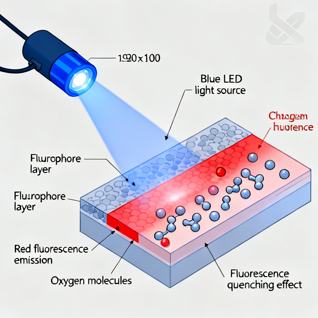 Fluorescence principle diagram of optical DO sensor showing blue LED excitation and red light emission