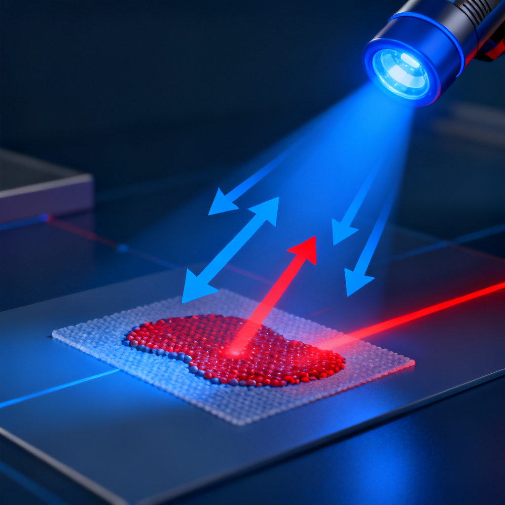 Fluorescence quenching principle of optical DO sensor showing blue excitation and red emission