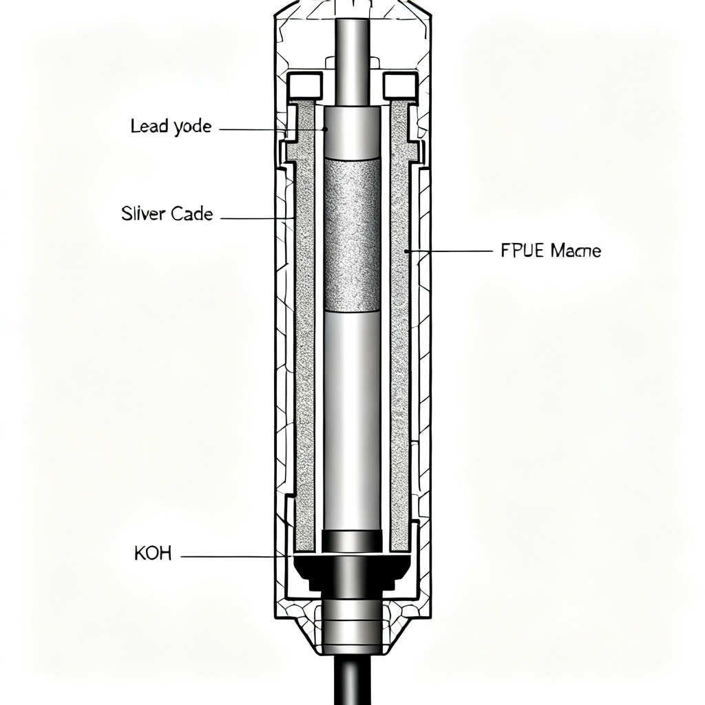 Cross-section diagram of a galvanic DO sensor self-powered no external voltage showing anode, cathode, and membrane