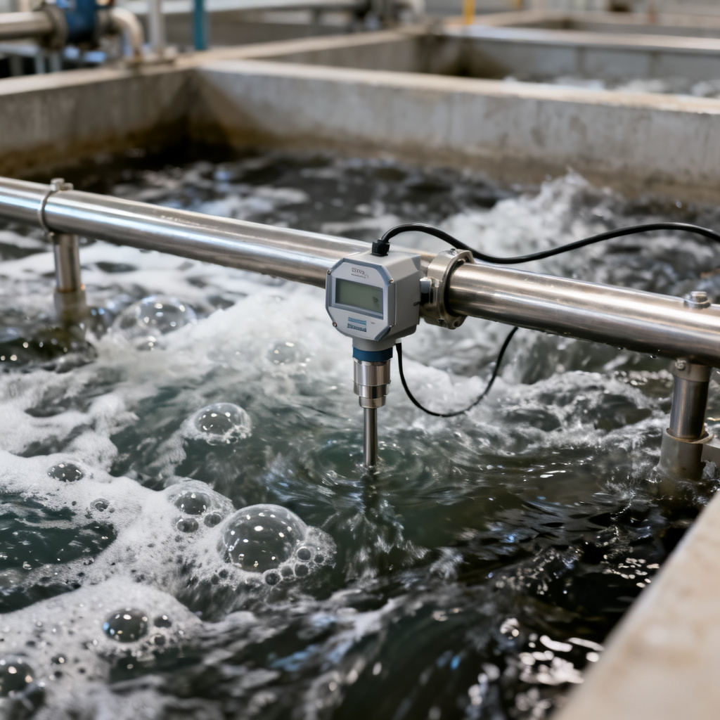 Galvanic DO sensor self-powered no external voltage installed in a wastewater aeration basin for oxygen monitoring