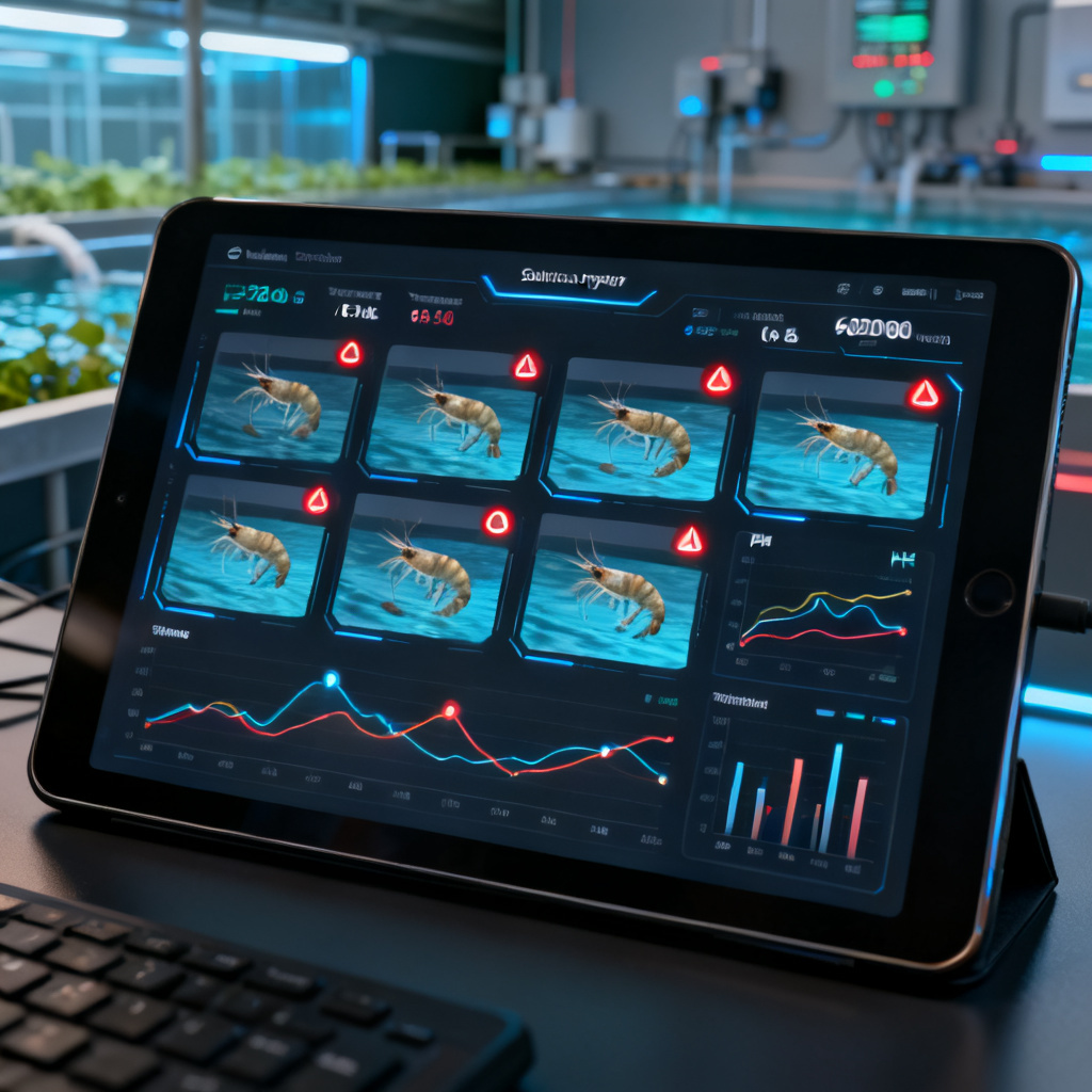 Real-time IoT dashboard displaying dissolved oxygen data for multiple shrimp ponds