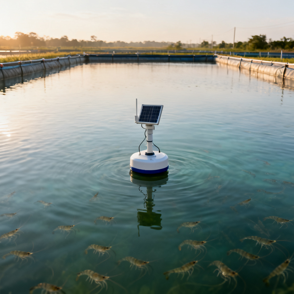 IoT dissolved oxygen monitoring system installed in shrimp pond with sensor and solar panel
