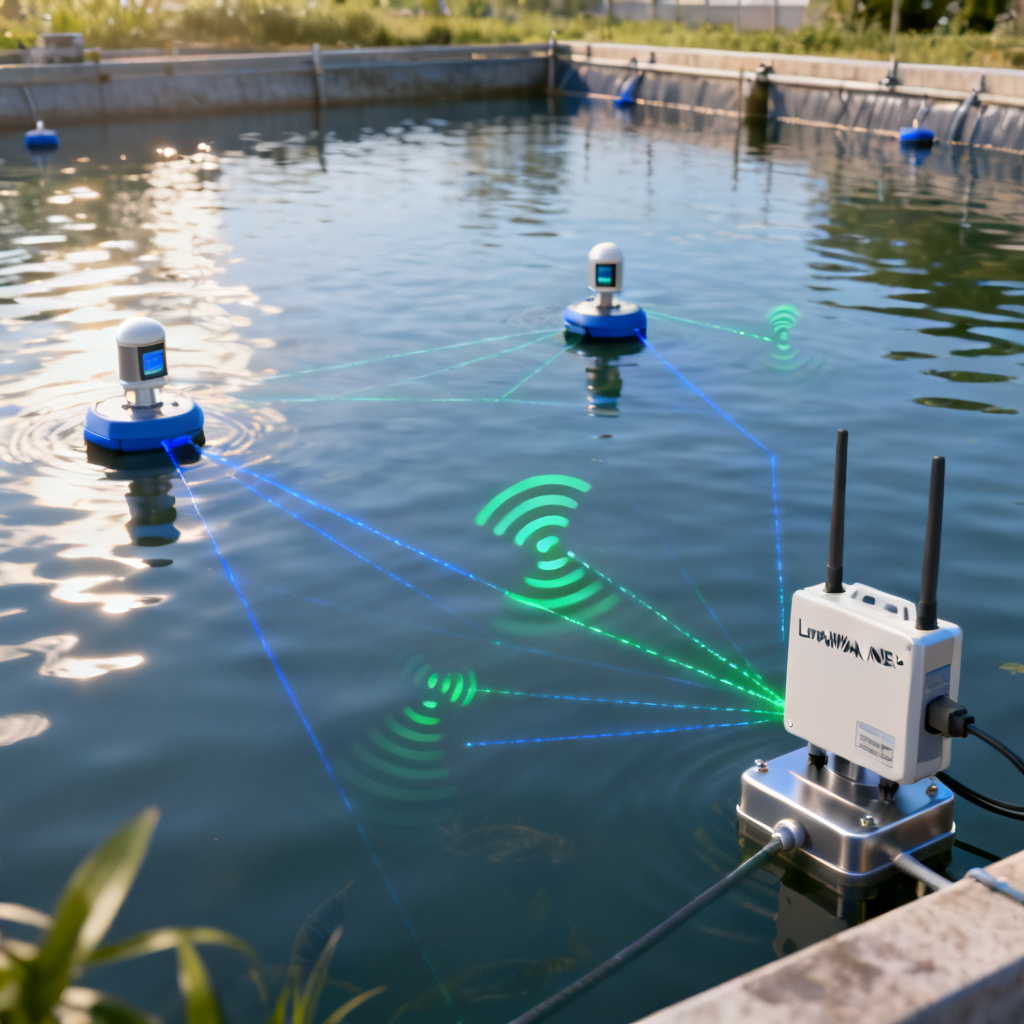 LoRaWAN vs NB-IoT for aquaculture DO monitoring overview showing sensor network