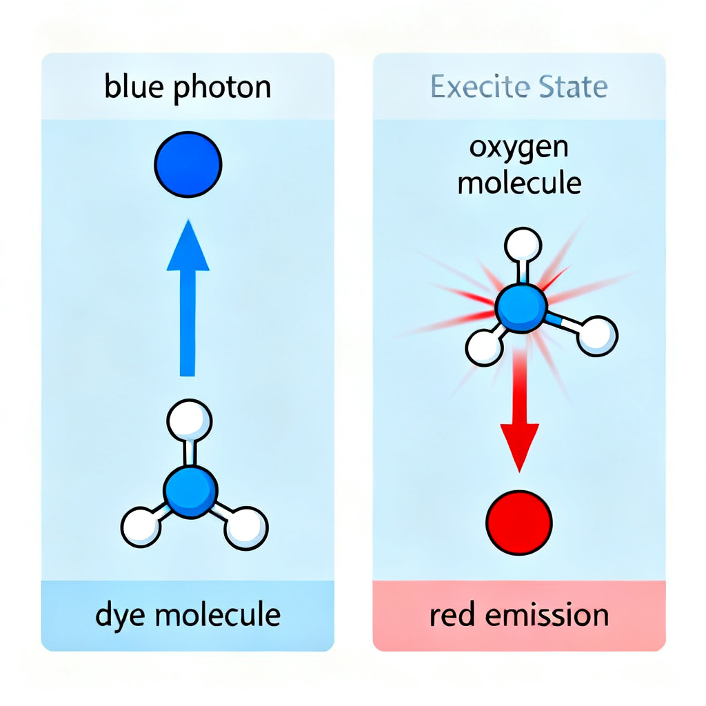 Luminescence quenching mechanism in dissolved oxygen sensor showing oxygen collision with excited dye