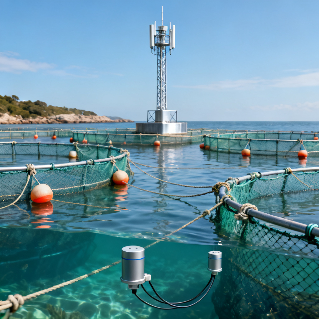 NB-IoT cellular tower serving aquaculture cage farm for DO monitoring