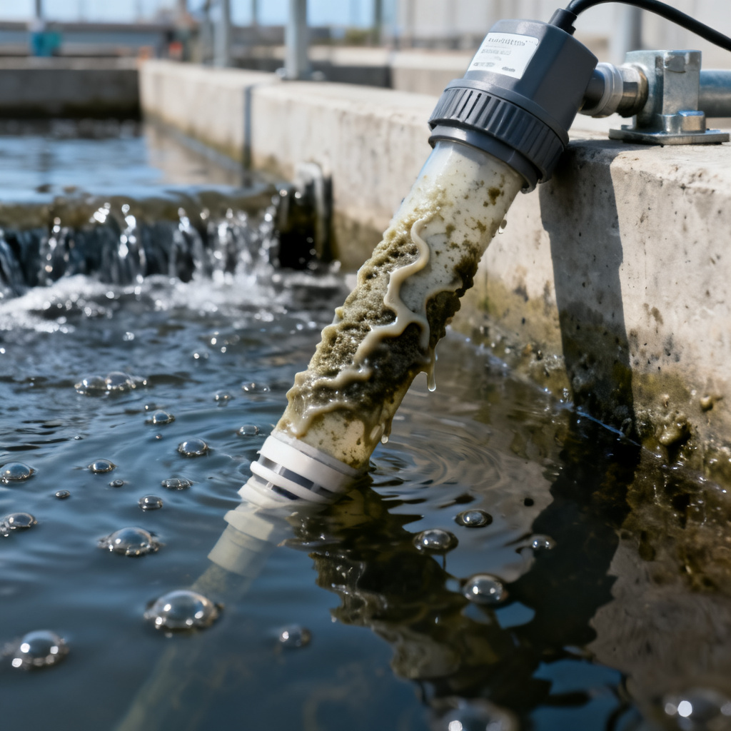 Optical DO sensor deployed in wastewater aeration basin showing biofouling drift case study