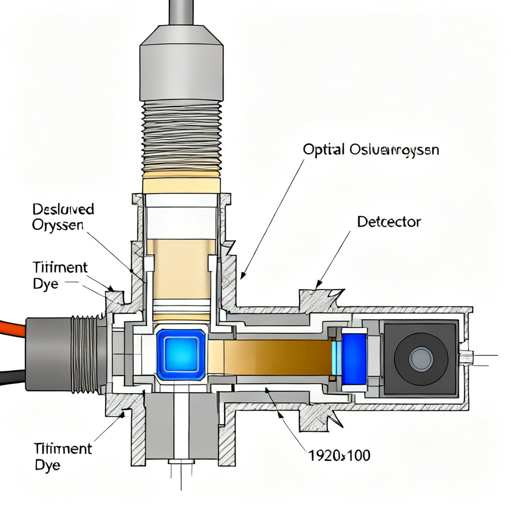 Cross-section diagram of optical dissolved oxygen sensor showing luminescent dye and LED components
