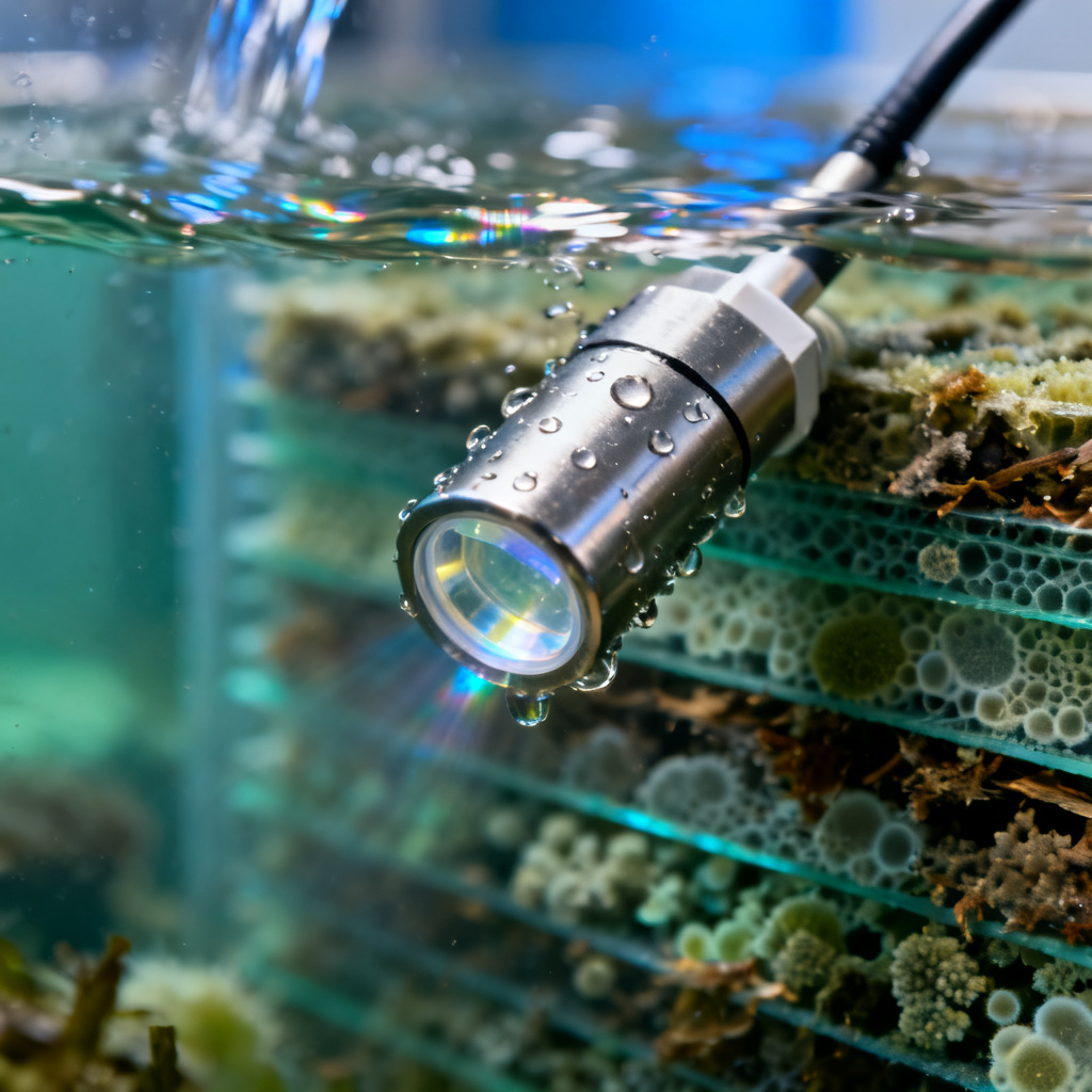 Optical dissolved oxygen sensor installed in RAS biofilter for real-time monitoring of DO levels
