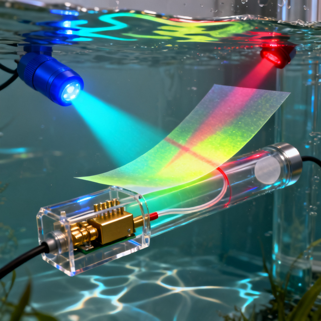 Optical dissolved oxygen sensor technology showing luminescent sensing foil and blue light excitation