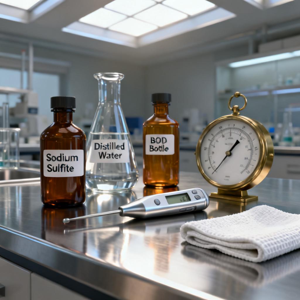 Tools and materials for Optical DO Sensor Calibration including sodium sulfite and BOD bottle
