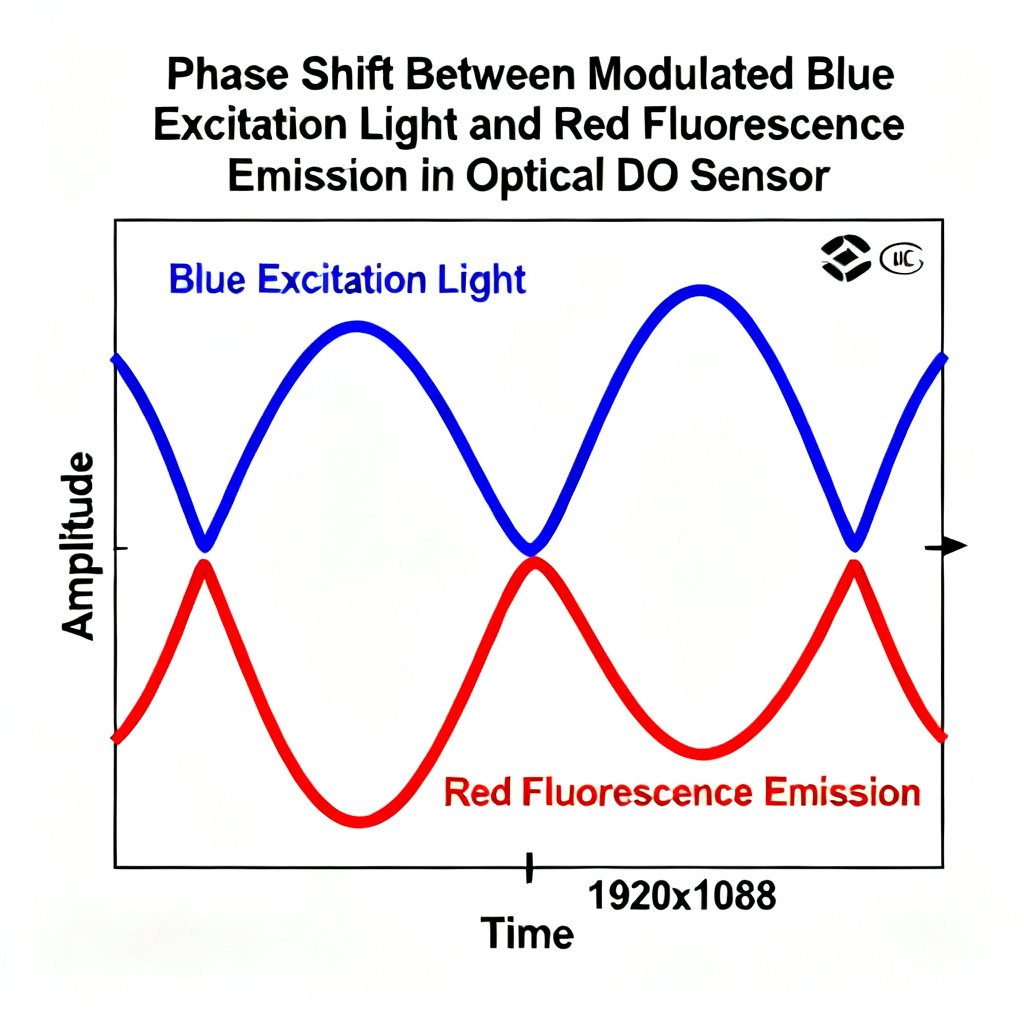 Optical DO sensor lifetime measurement phase shift diagram showing excitation and emission signals