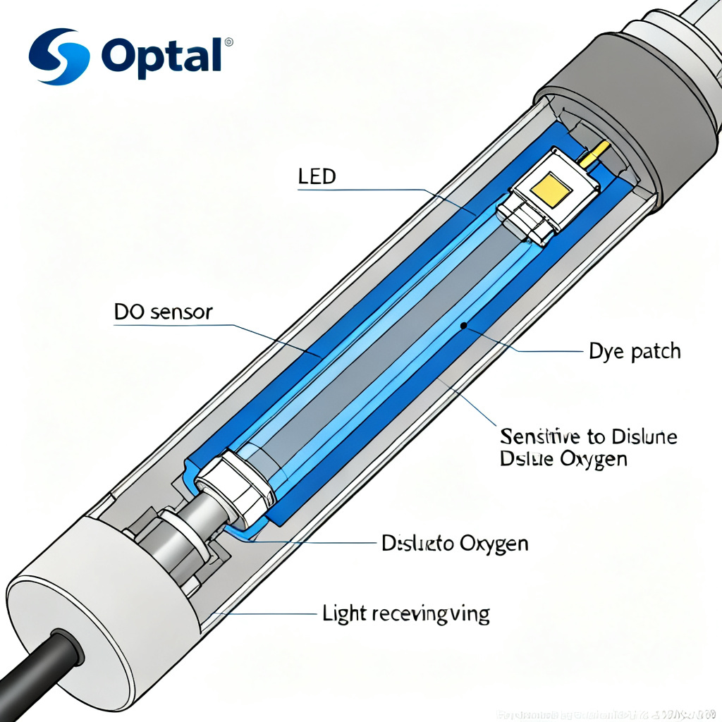 Optical DO sensor probe cross-section showing dye patch and LED components