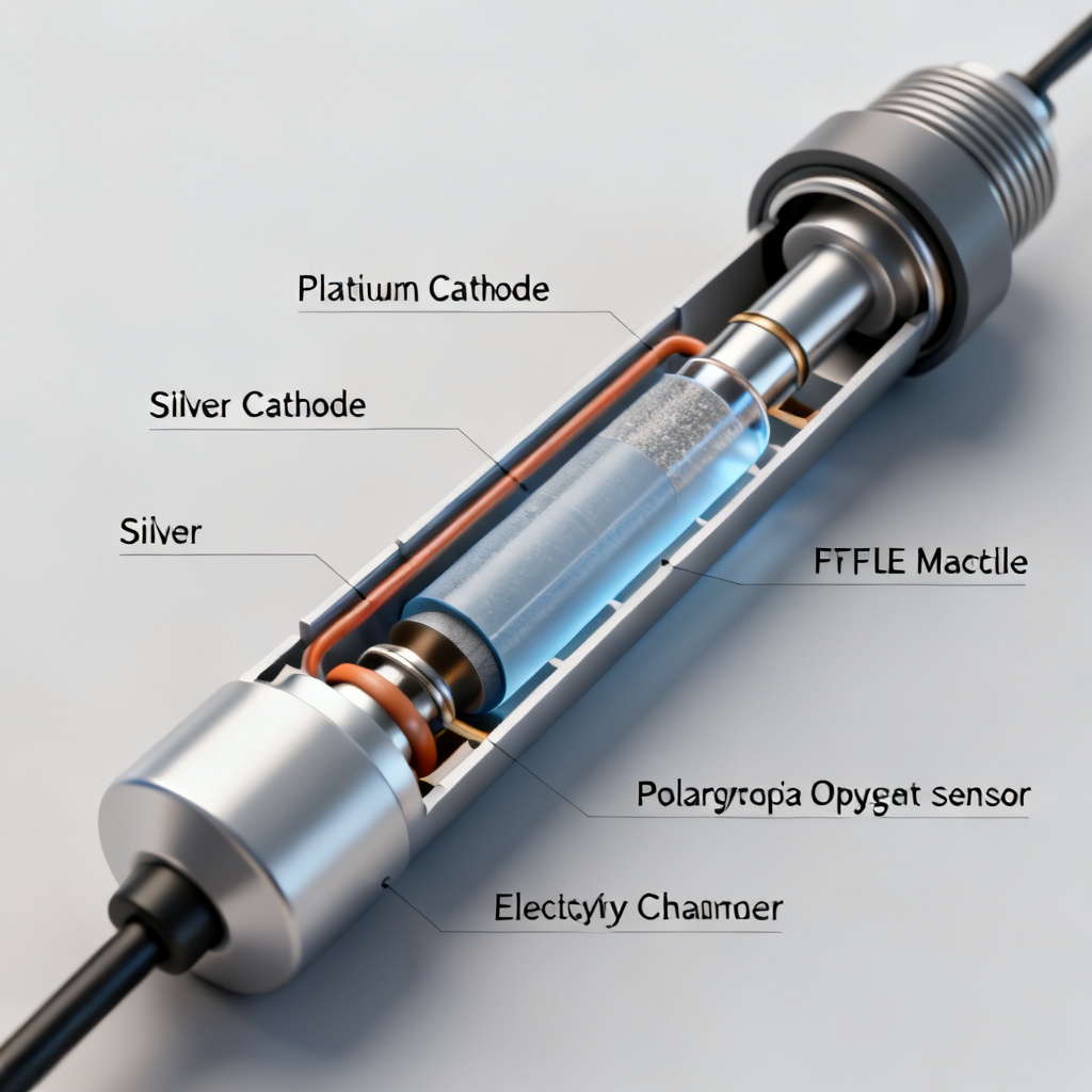 Polarographic dissolved oxygen sensor working principle cross-section showing cathode anode and membrane