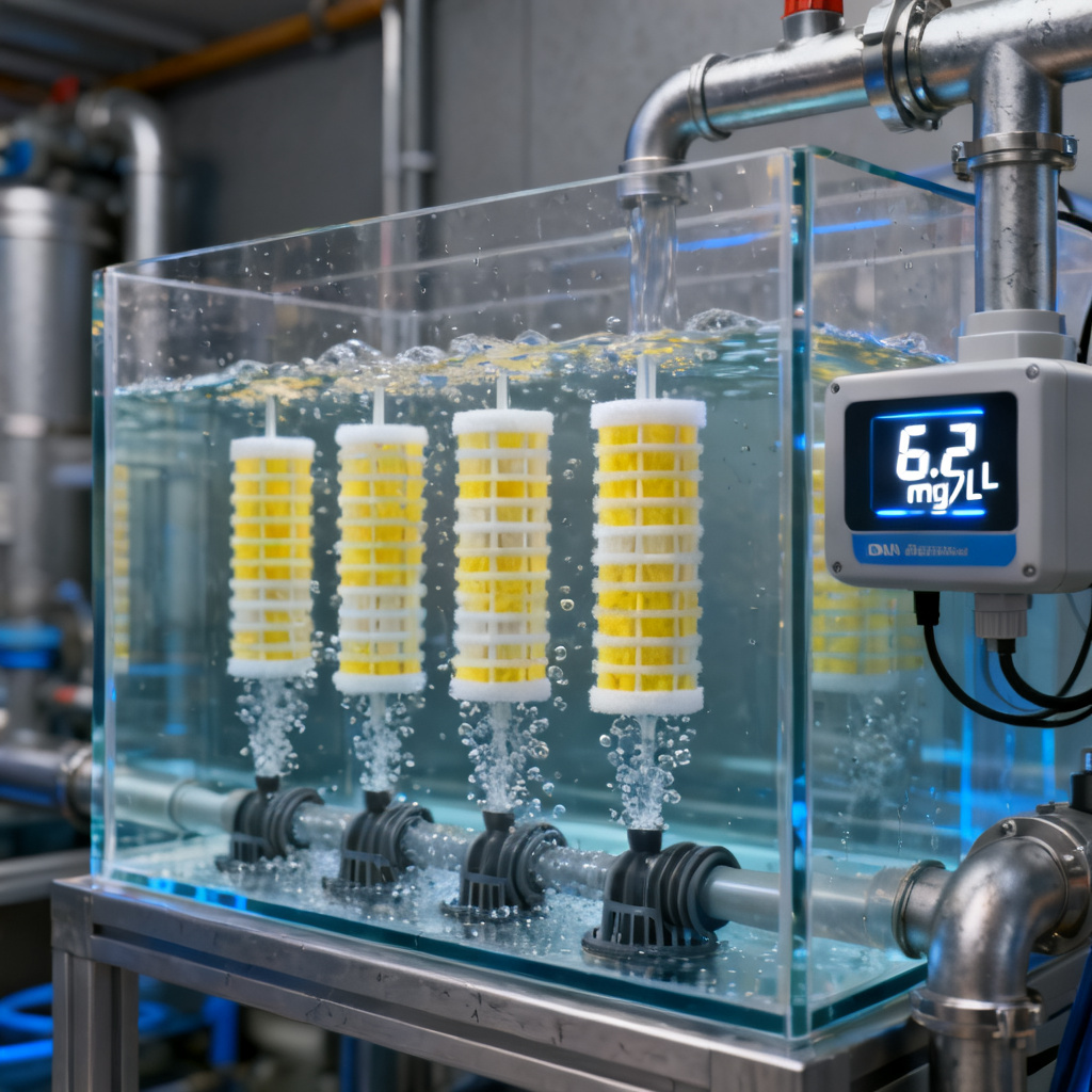 RAS biofilter system with dissolved oxygen monitoring overview showing aeration and biofilm media