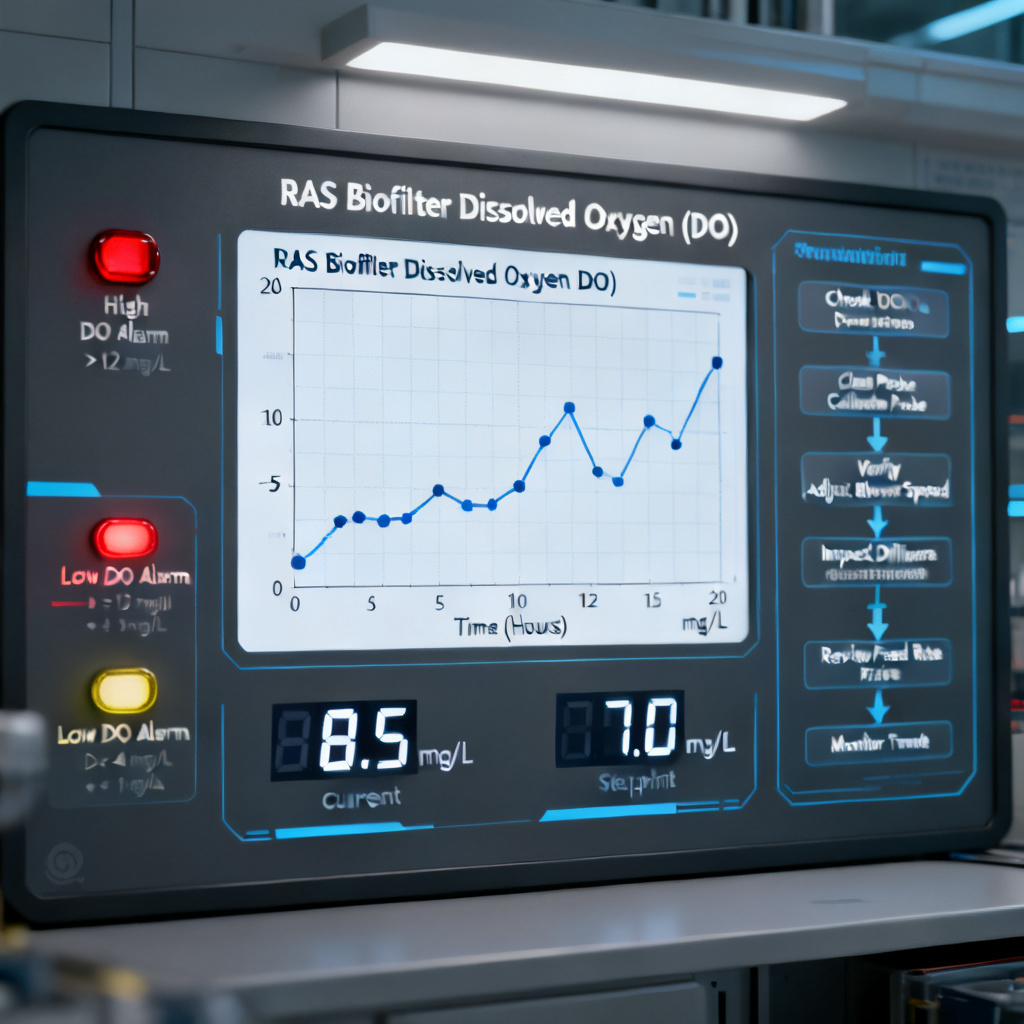 Troubleshooting low dissolved oxygen in RAS biofilter showing sensor readings and corrective actions