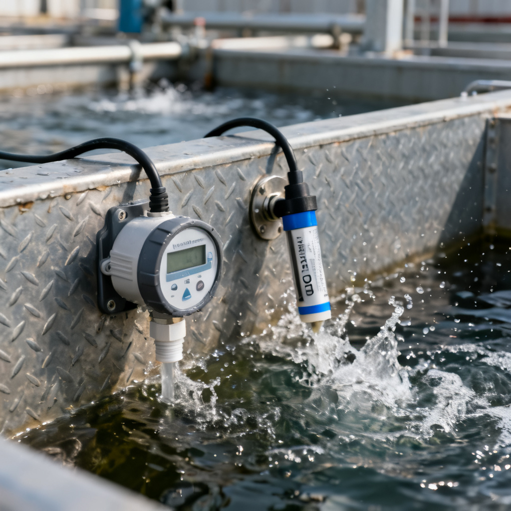 RAS tank DO sensor installation showing optical and electrochemical sensor comparison
