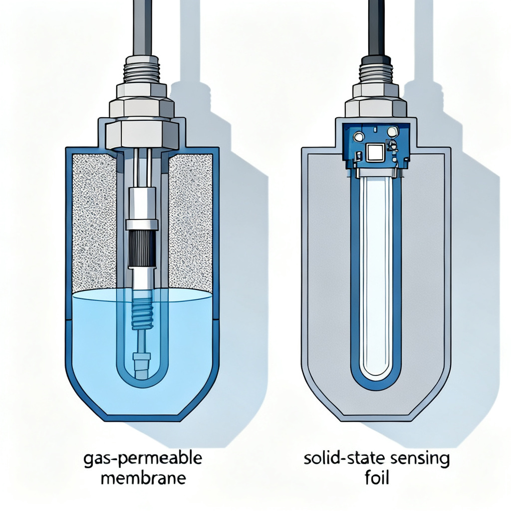 Sensing foil vs membrane comparison showing optical DO sensor without membrane