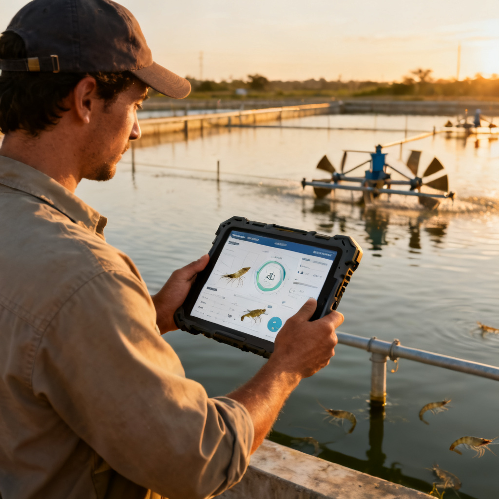 Shrimp farm worker using IoT dissolved oxygen monitoring system tablet near pond