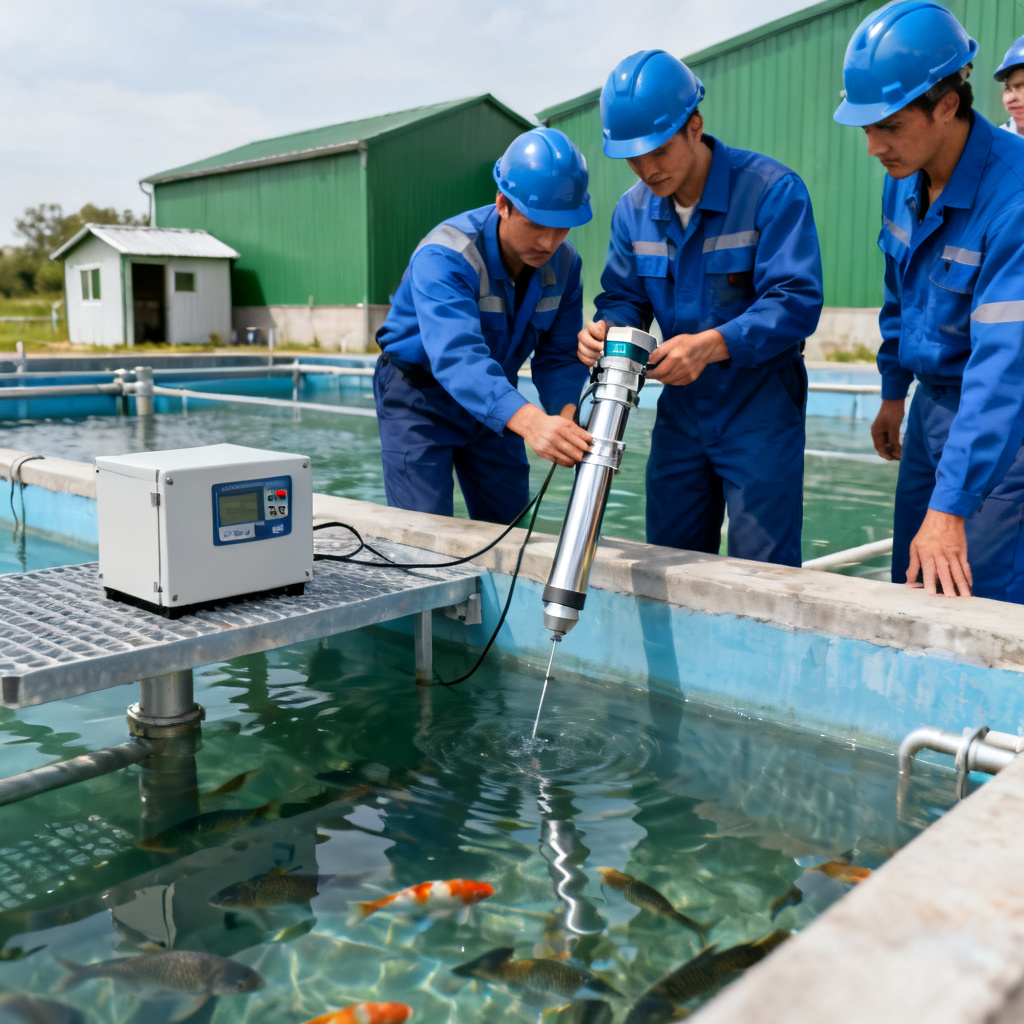Team installing an automated dissolved oxygen sensor system at a fish farm