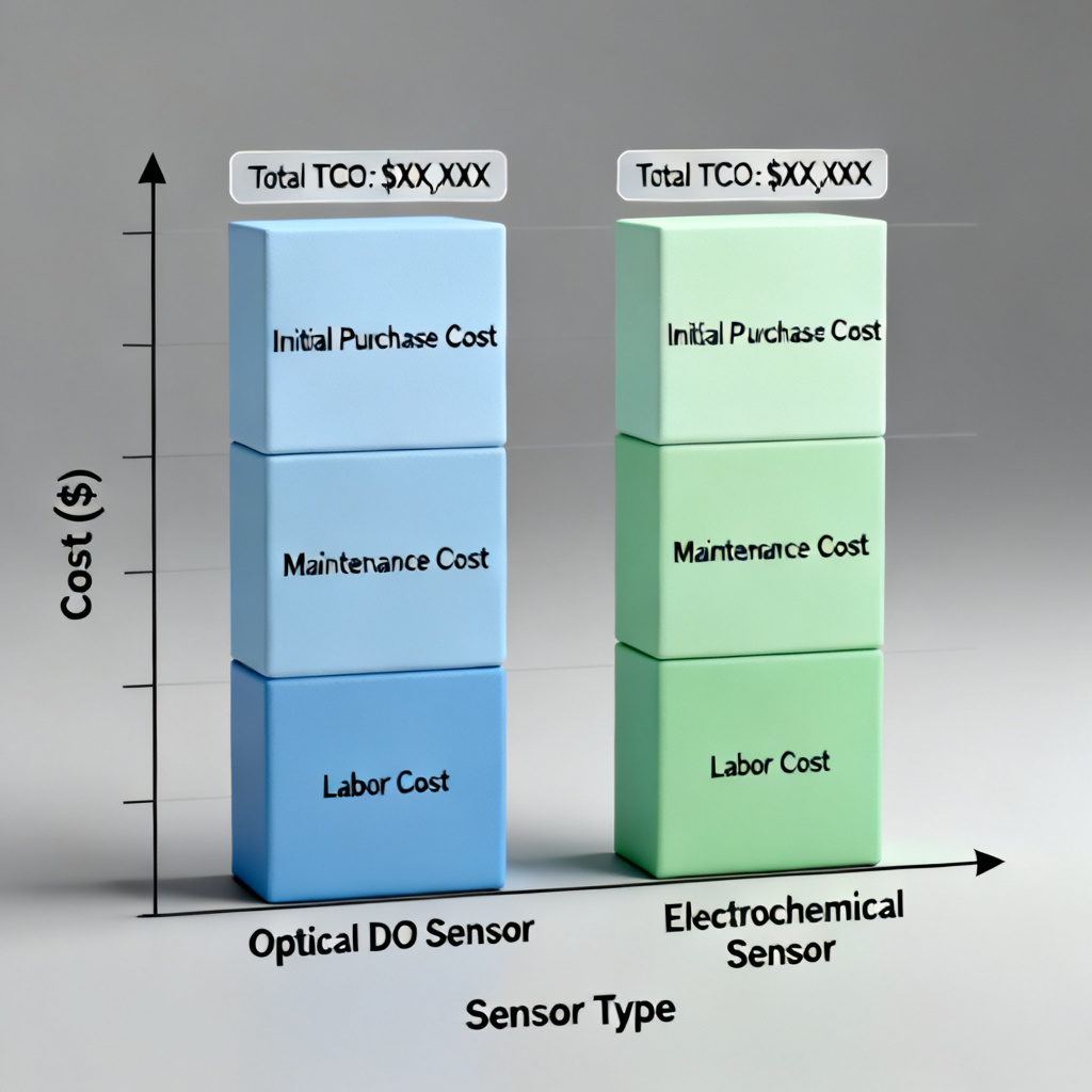 Total cost of ownership comparison for optical dissolved oxygen sensor price versus electrochemical sensor over 5 years