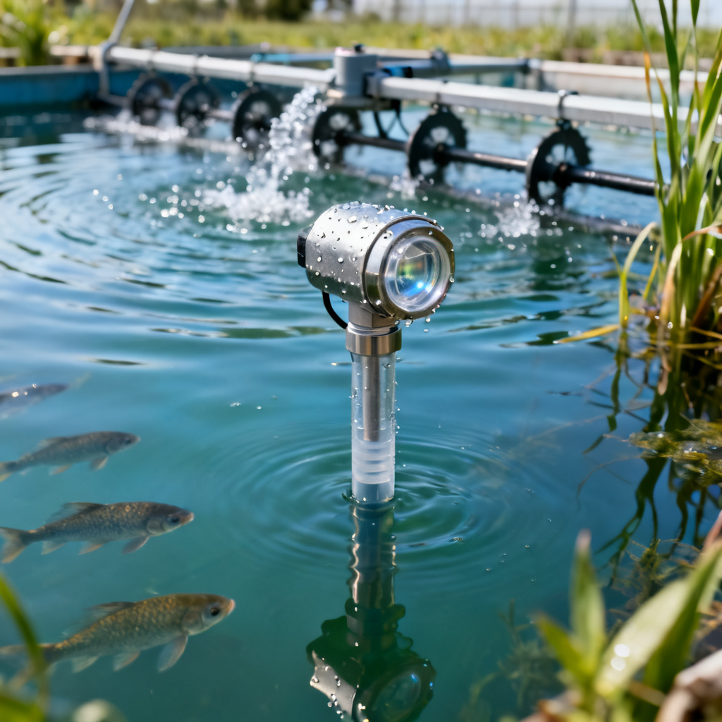 Aquaculture dissolved oxygen sensor installation in a fish farming pond