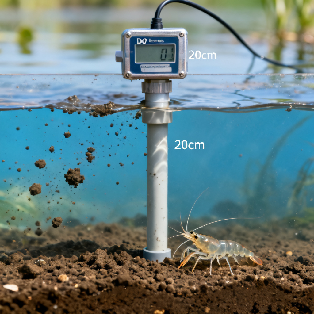 Bottom DO sensor placement near sediment in shrimp pond for hypoxia monitoring