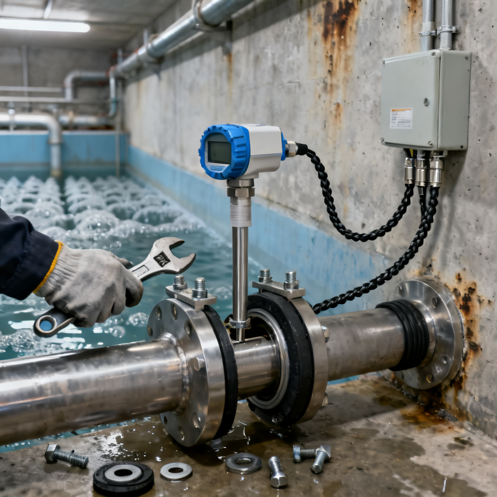 Dissolved oxygen sensor installation setup with transmitter and cabling in industrial environment