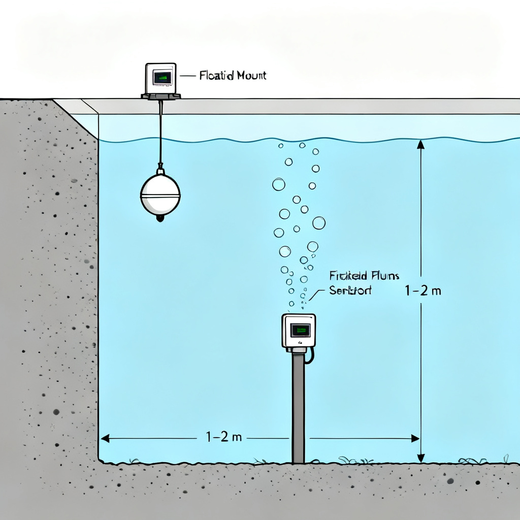 Dissolved oxygen sensor for pond installation showing correct depth placement and mounting