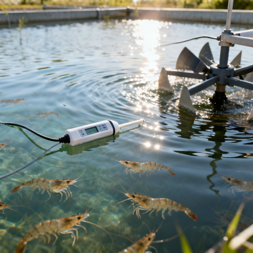 Dissolved oxygen sensor for shrimp farming installed in pond with aerator