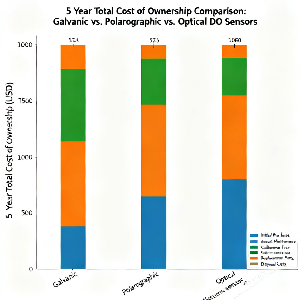 Dissolved oxygen sensor TCO breakdown chart showing 5-year cost comparison across sensor types