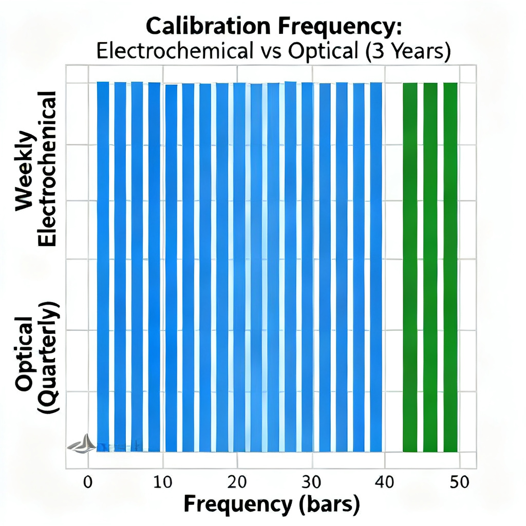 DO sensor calibration frequency chart comparing optical and electrochemical sensors