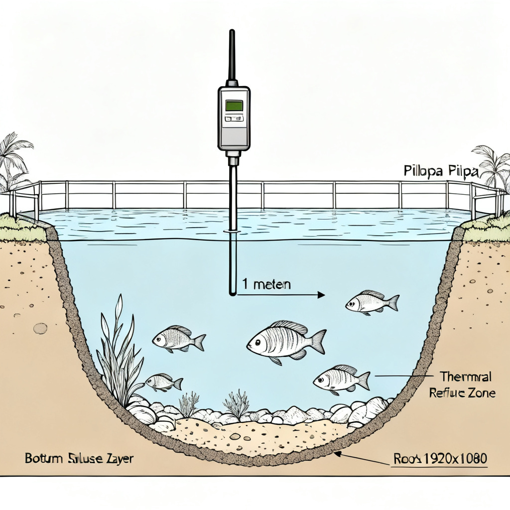 Diagram showing correct depth placement of dissolved oxygen sensor in a tilapia pond