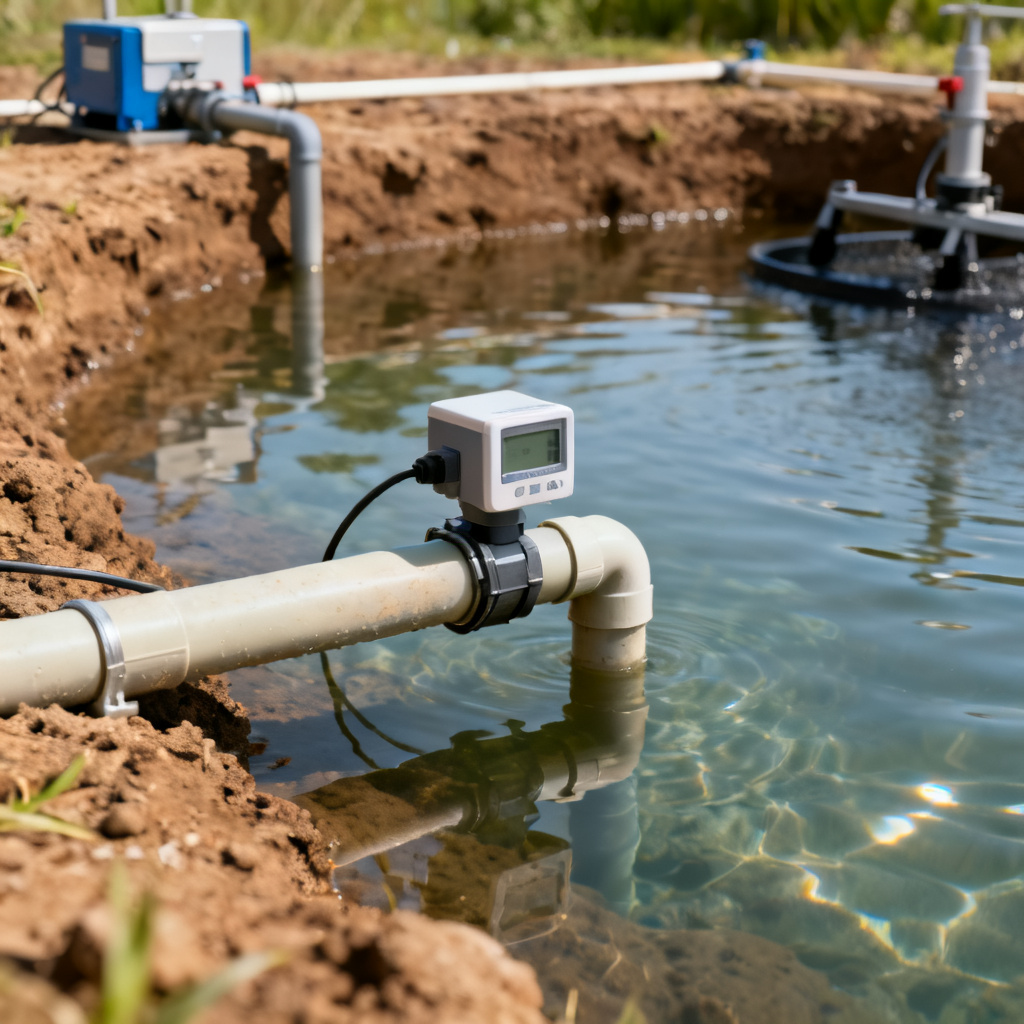 DO sensor installation on PVC mount in earthen pond showing proper placement